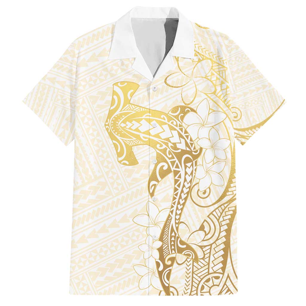 Gold and White Hawaii Hawaiian Shirt Hammerhead Shark Tattoo Curve Polynesian - Polynesian Pride