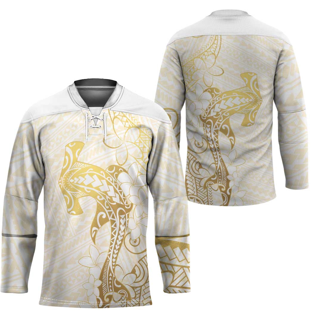 Gold and White Hawaii Hockey Jersey Hammerhead Shark Tattoo Curve Polynesian LT14 - Polynesian Pride
