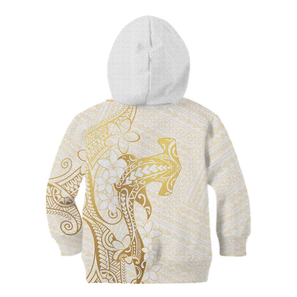 Gold and White Hawaii Kid Hoodie Hammerhead Shark Tattoo Curve Polynesian - Polynesian Pride