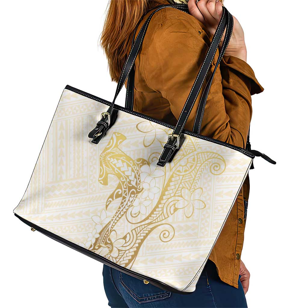 Gold and White Hawaii Leather Tote Bag Hammerhead Shark Tattoo Curve Polynesian LT14 - Polynesian Pride