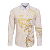 Gold and White Hawaii Long Sleeve Button Shirt Hammerhead Shark Tattoo Curve Polynesian LT14 Unisex White - Polynesian Pride