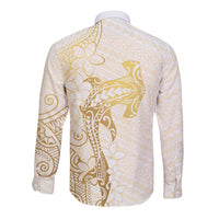 Gold and White Hawaii Long Sleeve Button Shirt Hammerhead Shark Tattoo Curve Polynesian LT14 - Polynesian Pride