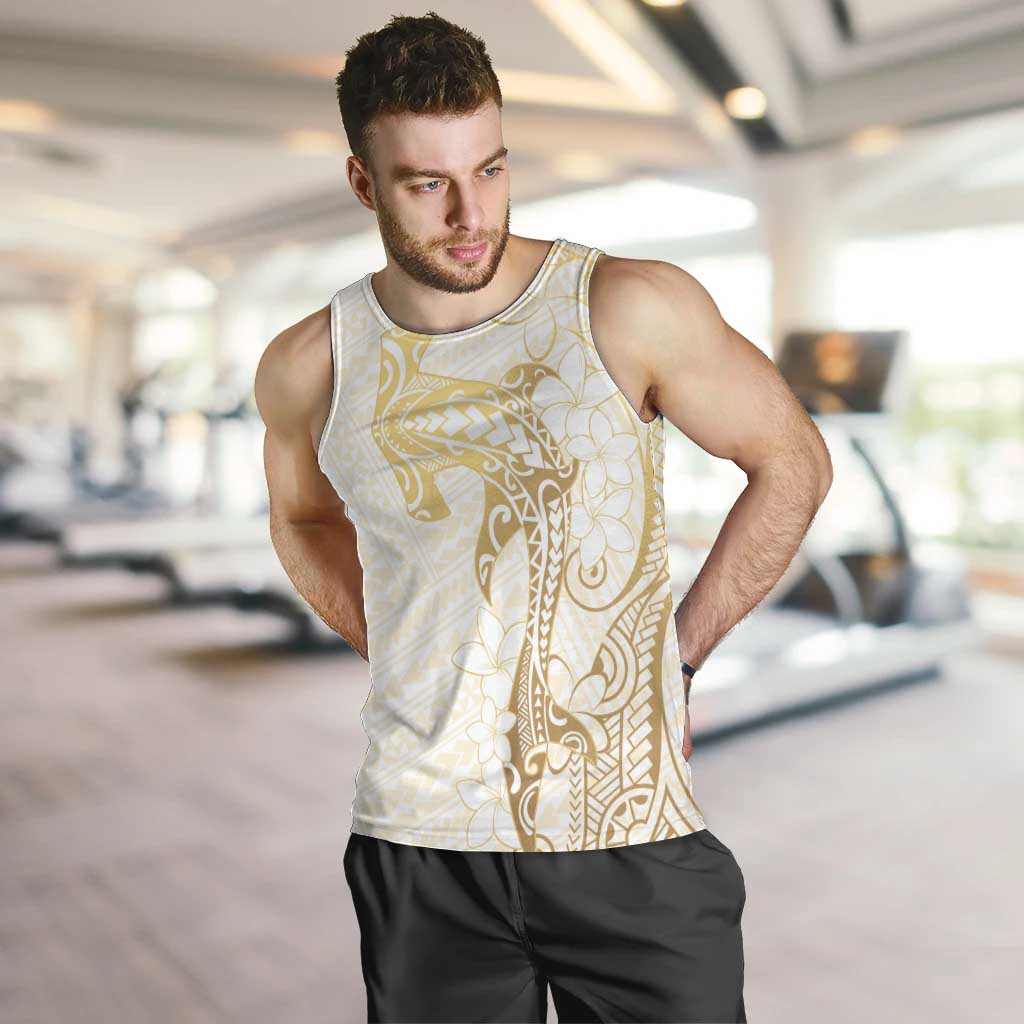 Gold and White Hawaii Men Tank Top Hammerhead Shark Tattoo Curve Polynesian - Polynesian Pride