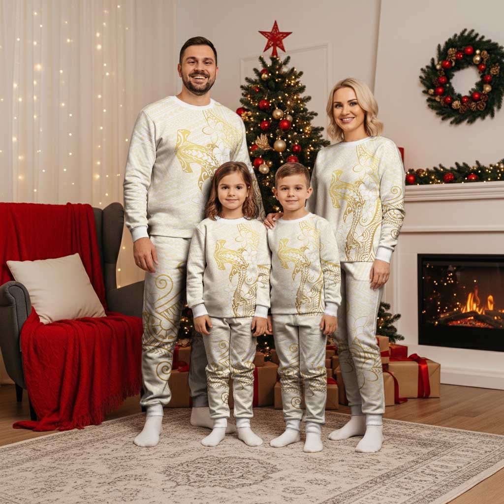 Gold and White Hawaii Christmas Pajama Set Hammerhead Shark Tattoo Curve Polynesian - Polynesian Pride