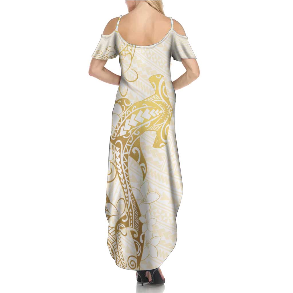 Gold and White Hawaii Summer Maxi Dress Hammerhead Shark Tattoo Curve Polynesian - Polynesian Pride