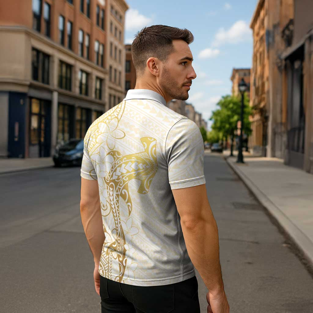 Gold and White Hawaii Zipper Polo Shirt Hammerhead Shark Tattoo Curve Polynesian - Polynesian Pride