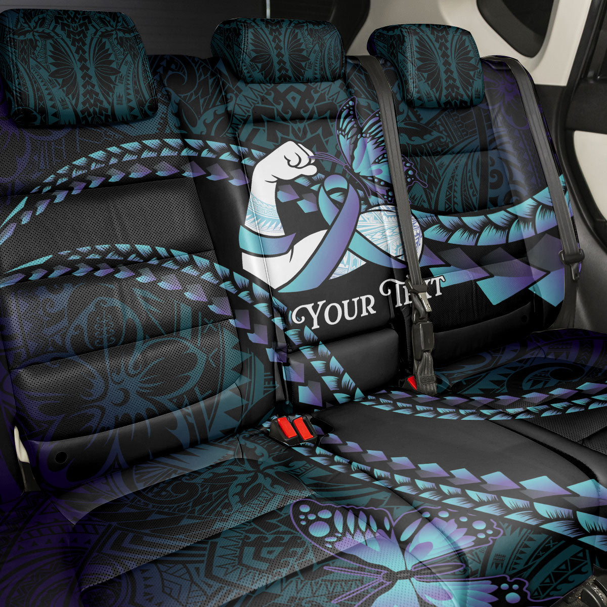 Personalised Polynesia Suicide Prevention Month Back Car Seat Cover Brave Strong Butterfly Teal Purple Ribbon LT14 - Polynesian Pride