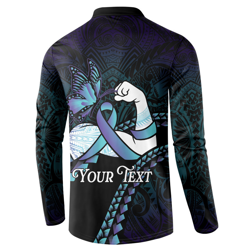 Personalised Polynesia Suicide Prevention Month Button Sweatshirt Brave Strong Butterfly Teal Purple Ribbon LT14 - Polynesian Pride