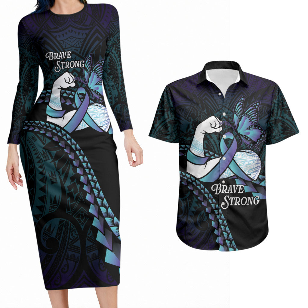 Personalised Polynesia Suicide Prevention Month Couples Matching Long Sleeve Bodycon Dress and Hawaiian Shirt Brave Strong Butterfly Teal Purple Ribbon LT14 Purple - Polynesian Pride