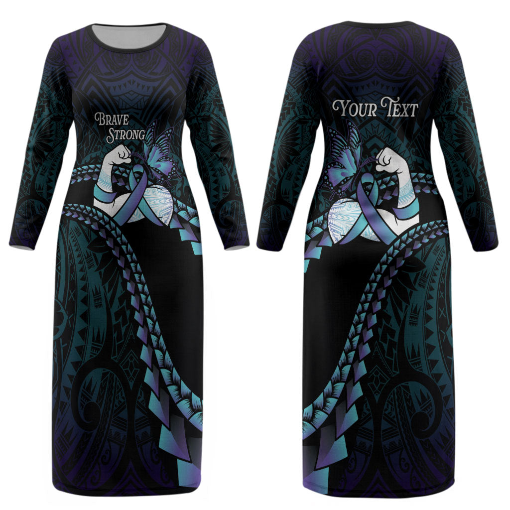 Personalised Polynesia Suicide Prevention Month Couples Matching Long Sleeve Bodycon Dress and Hawaiian Shirt Brave Strong Butterfly Teal Purple Ribbon LT14 - Polynesian Pride