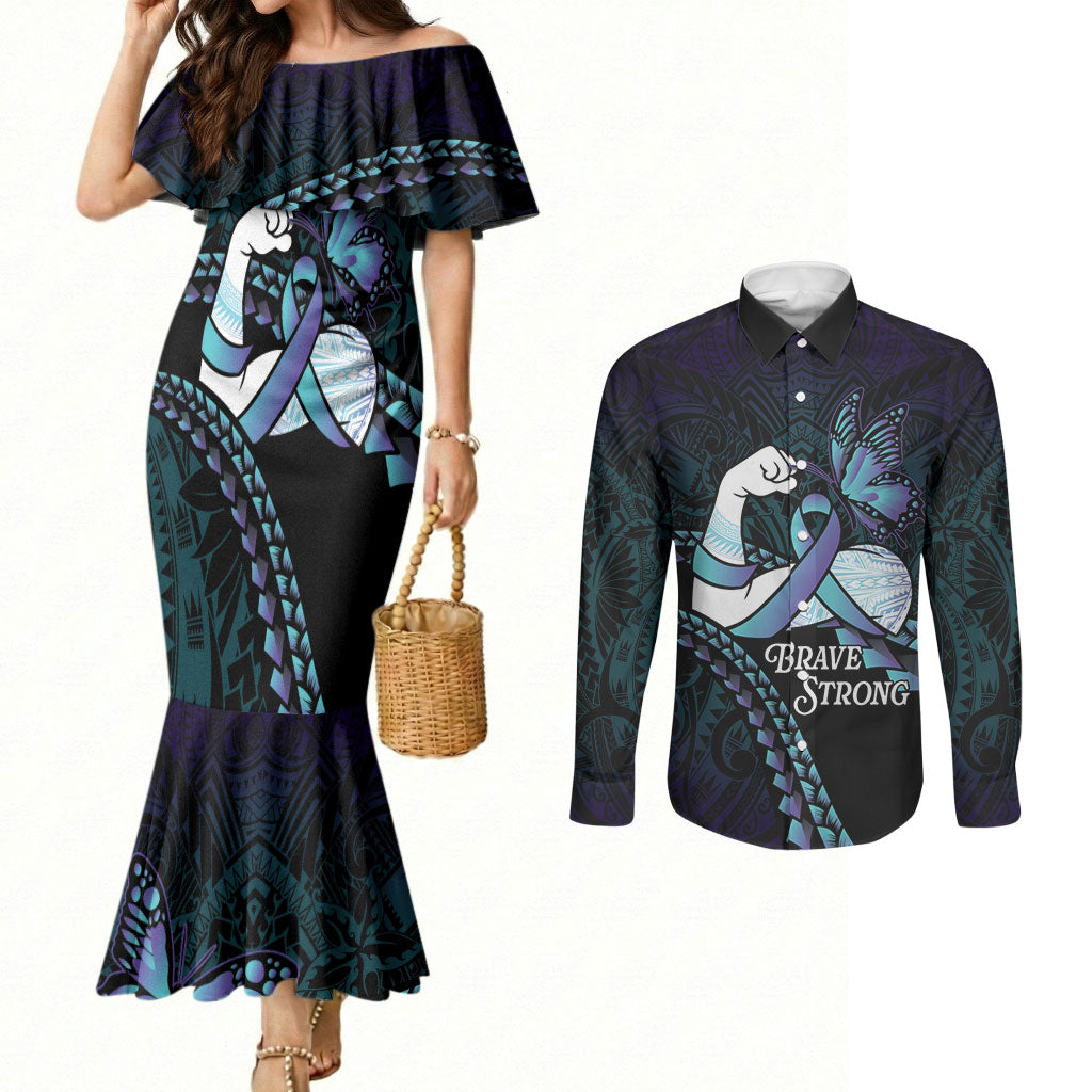 Personalised Polynesia Suicide Prevention Month Couples Matching Mermaid Dress and Long Sleeve Button Shirt Brave Strong Butterfly Teal Purple Ribbon LT14 Purple - Polynesian Pride