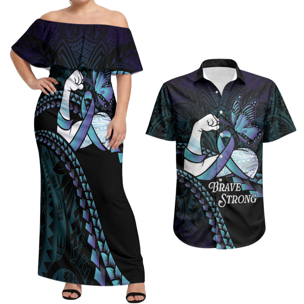Personalised Polynesia Suicide Prevention Month Couples Matching Off Shoulder Maxi Dress and Hawaiian Shirt Brave Strong Butterfly Teal Purple Ribbon