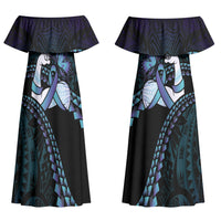 Personalised Polynesia Suicide Prevention Month Couples Matching Off Shoulder Maxi Dress and Hawaiian Shirt Brave Strong Butterfly Teal Purple Ribbon