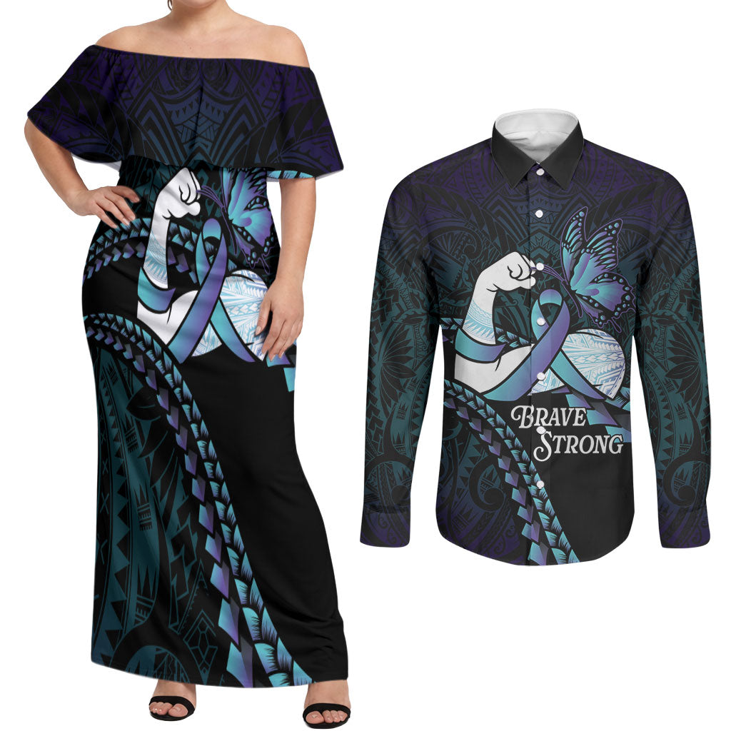 Personalised Polynesia Suicide Prevention Month Couples Matching Off Shoulder Maxi Dress and Long Sleeve Button Shirt Brave Strong Butterfly Teal Purple Ribbon LT14 Purple - Polynesian Pride