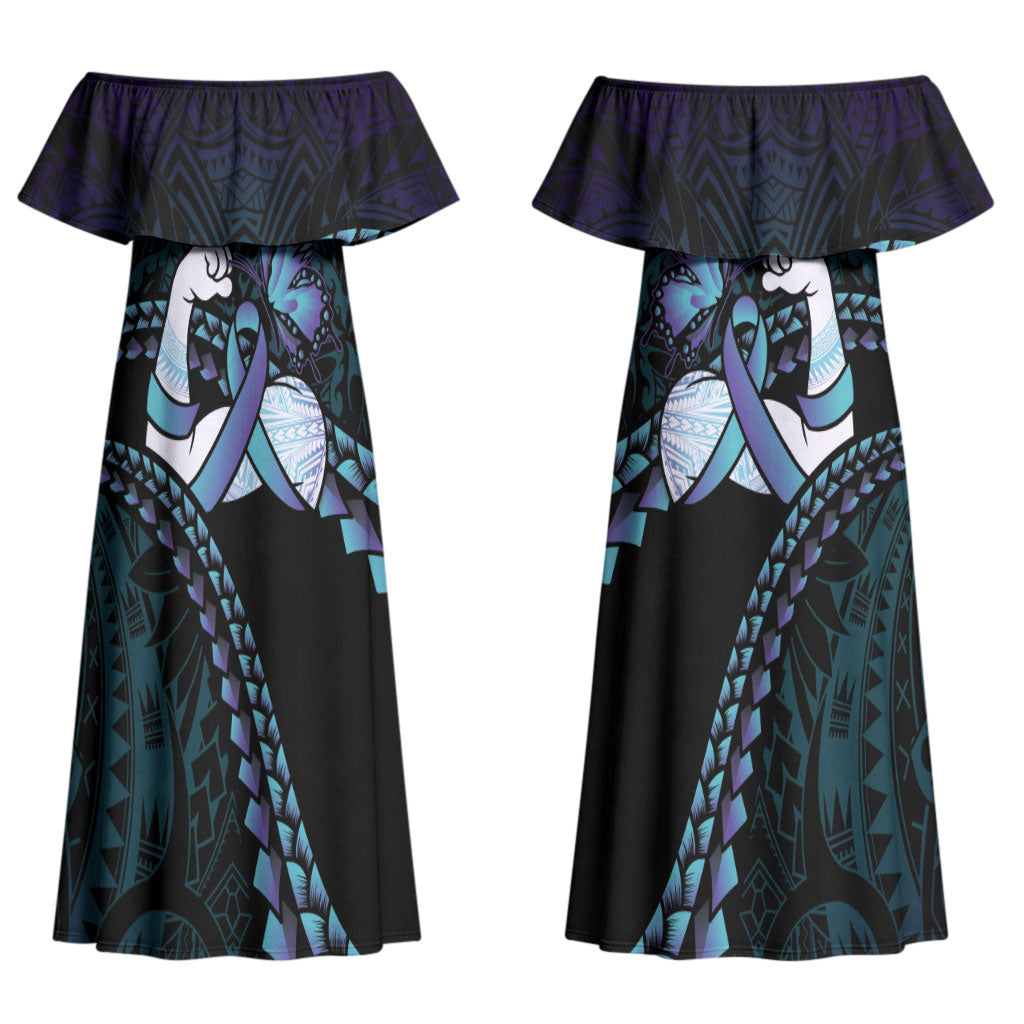 Personalised Polynesia Suicide Prevention Month Couples Matching Off Shoulder Maxi Dress and Long Sleeve Button Shirt Brave Strong Butterfly Teal Purple Ribbon LT14 - Polynesian Pride