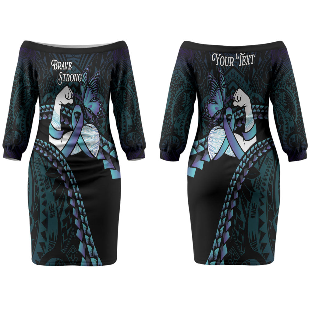 Personalised Polynesia Suicide Prevention Month Couples Matching Off The Shoulder Long Sleeve Dress and Hawaiian Shirt Brave Strong Butterfly Teal Purple Ribbon LT14 - Polynesian Pride