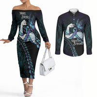 Personalised Polynesia Suicide Prevention Month Couples Matching Off The Shoulder Long Sleeve Dress and Long Sleeve Button Shirt Brave Strong Butterfly Teal Purple Ribbon LT14 Purple - Polynesian Pride
