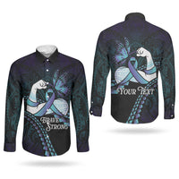 Personalised Polynesia Suicide Prevention Month Couples Matching Off The Shoulder Long Sleeve Dress and Long Sleeve Button Shirt Brave Strong Butterfly Teal Purple Ribbon LT14 - Polynesian Pride