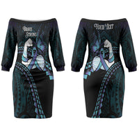 Personalised Polynesia Suicide Prevention Month Couples Matching Off The Shoulder Long Sleeve Dress and Long Sleeve Button Shirt Brave Strong Butterfly Teal Purple Ribbon LT14 - Polynesian Pride