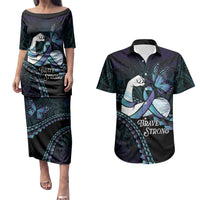Personalised Polynesia Suicide Prevention Month Couples Matching Puletasi and Hawaiian Shirt Brave Strong Butterfly Teal Purple Ribbon LT14 Purple - Polynesian Pride