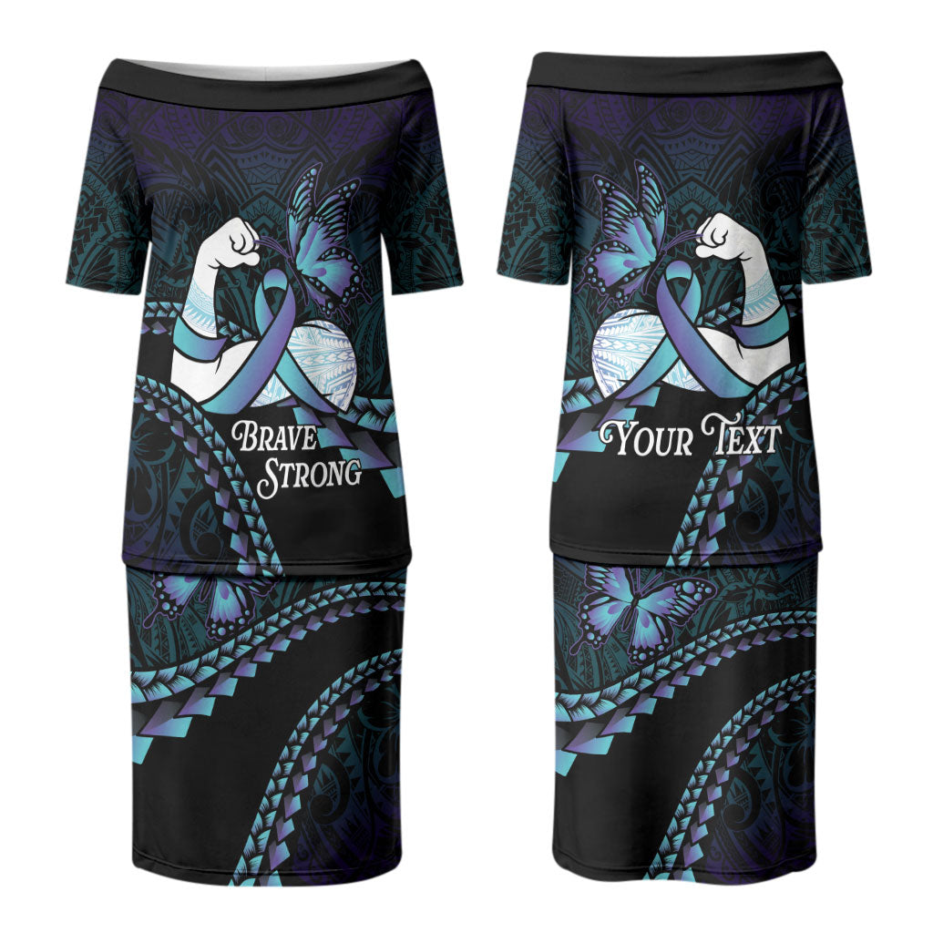 Personalised Polynesia Suicide Prevention Month Couples Matching Puletasi and Hawaiian Shirt Brave Strong Butterfly Teal Purple Ribbon LT14 - Polynesian Pride
