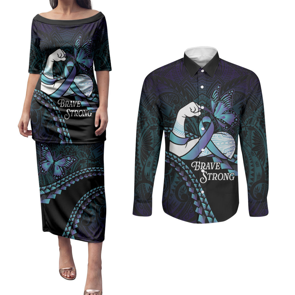 Personalised Polynesia Suicide Prevention Month Couples Matching Puletasi and Long Sleeve Button Shirt Brave Strong Butterfly Teal Purple Ribbon LT14 Purple - Polynesian Pride