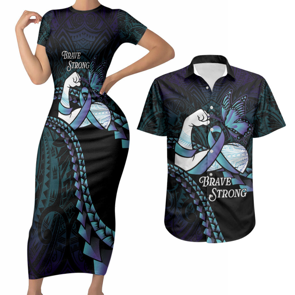 Personalised Polynesia Suicide Prevention Month Couples Matching Short Sleeve Bodycon Dress and Hawaiian Shirt Brave Strong Butterfly Teal Purple Ribbon LT14 Purple - Polynesian Pride