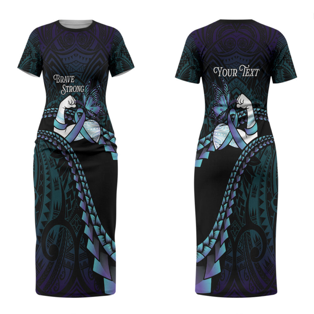 Personalised Polynesia Suicide Prevention Month Couples Matching Short Sleeve Bodycon Dress and Long Sleeve Button Shirt Brave Strong Butterfly Teal Purple Ribbon