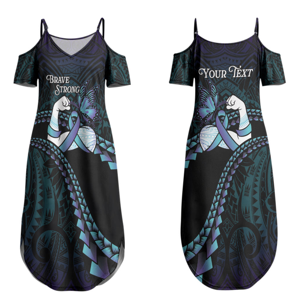 Personalised Polynesia Suicide Prevention Month Couples Matching Summer Maxi Dress and Long Sleeve Button Shirt Brave Strong Butterfly Teal Purple Ribbon LT14 - Polynesian Pride
