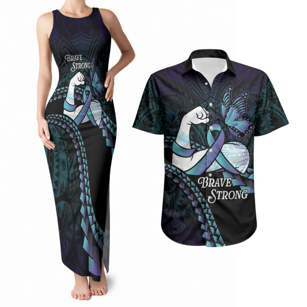 Personalised Polynesia Suicide Prevention Month Couples Matching Tank Maxi Dress and Hawaiian Shirt Brave Strong Butterfly Teal Purple Ribbon LT14 Purple - Polynesian Pride
