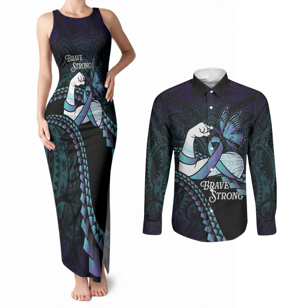 Personalised Polynesia Suicide Prevention Month Couples Matching Tank Maxi Dress and Long Sleeve Button Shirt Brave Strong Butterfly Teal Purple Ribbon LT14 Purple - Polynesian Pride