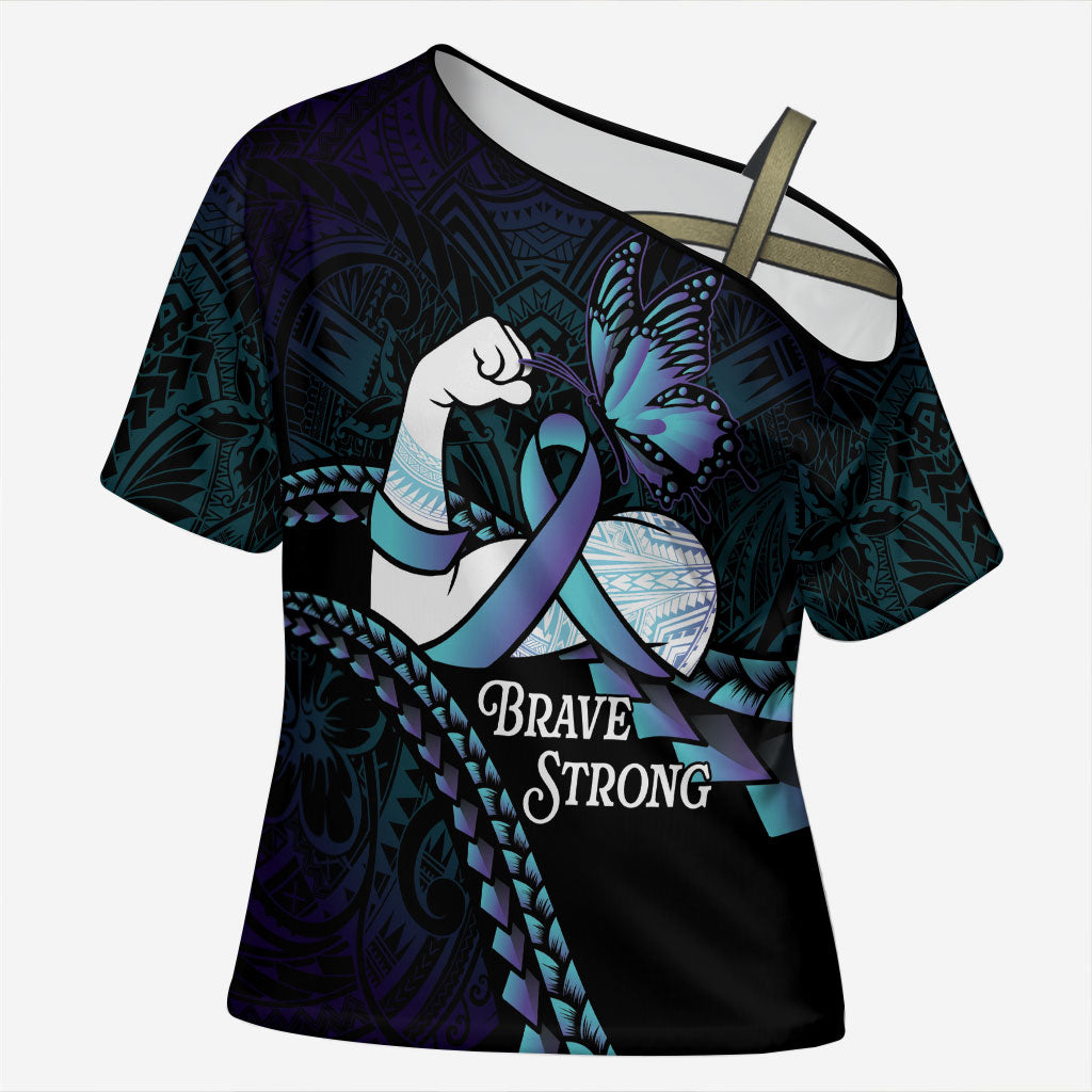 Personalised Polynesia Suicide Prevention Month Cross Shoulder Shirt Brave Strong Butterfly Teal Purple Ribbon LT14 Female Purple - Polynesian Pride