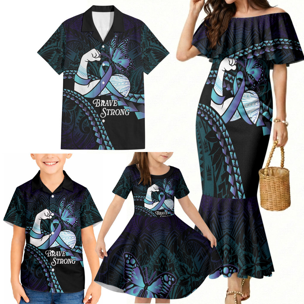 Personalised Polynesia Suicide Prevention Month Family Matching Mermaid Dress and Hawaiian Shirt Brave Strong Butterfly Teal Purple Ribbon LT14 - Polynesian Pride