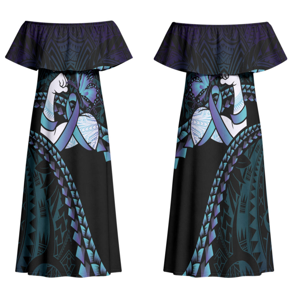 Personalised Polynesia Suicide Prevention Month Family Matching Off Shoulder Maxi Dress and Hawaiian Shirt Brave Strong Butterfly Teal Purple Ribbon LT14 Mom's Dress Purple - Polynesian Pride