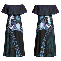 Personalised Polynesia Suicide Prevention Month Family Matching Off Shoulder Maxi Dress and Hawaiian Shirt Brave Strong Butterfly Teal Purple Ribbon LT14 Mom's Dress Purple - Polynesian Pride