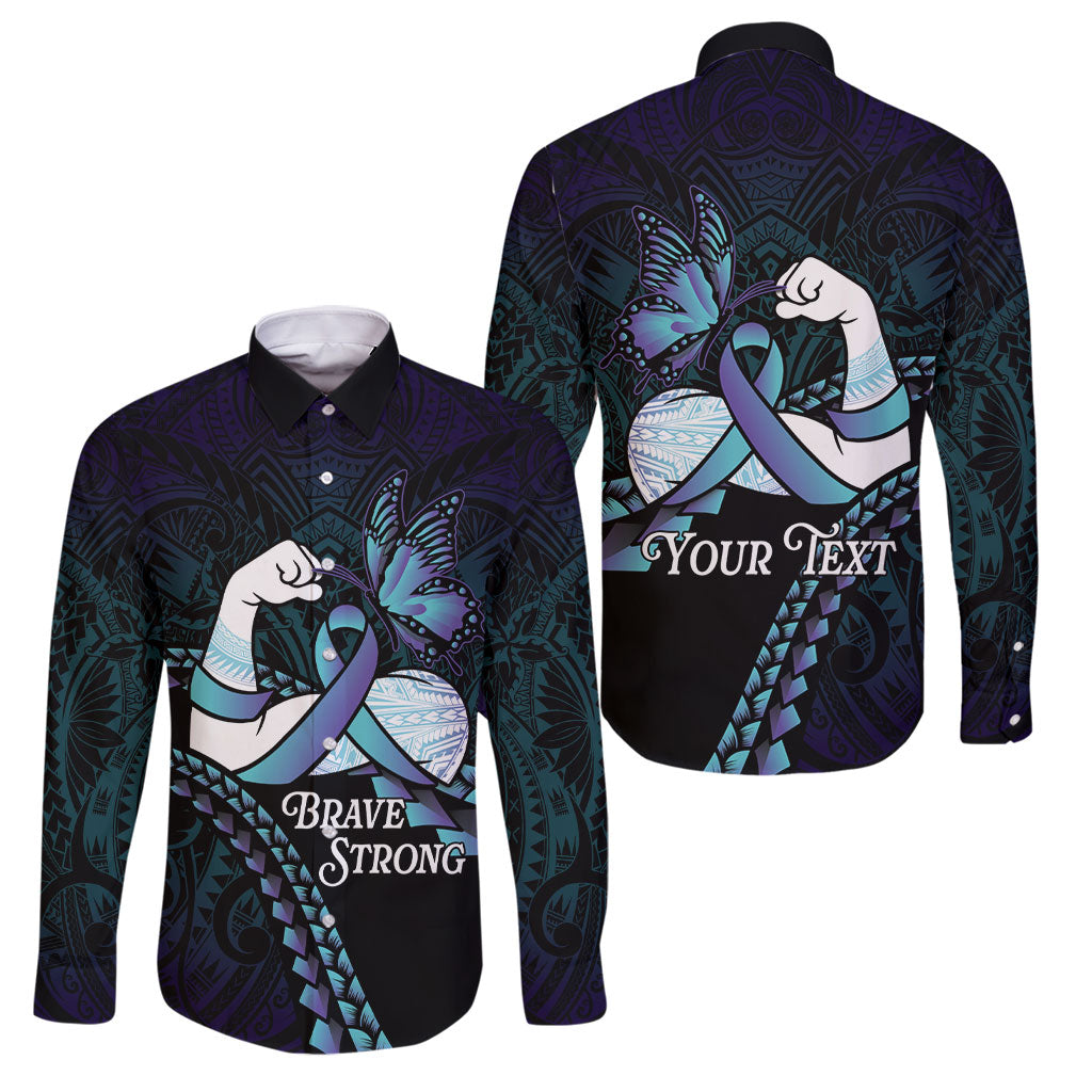 Personalised Polynesia Suicide Prevention Month Family Matching Off Shoulder Maxi Dress and Hawaiian Shirt Brave Strong Butterfly Teal Purple Ribbon LT14 Dad's Shirt - Long Sleeve Purple - Polynesian Pride