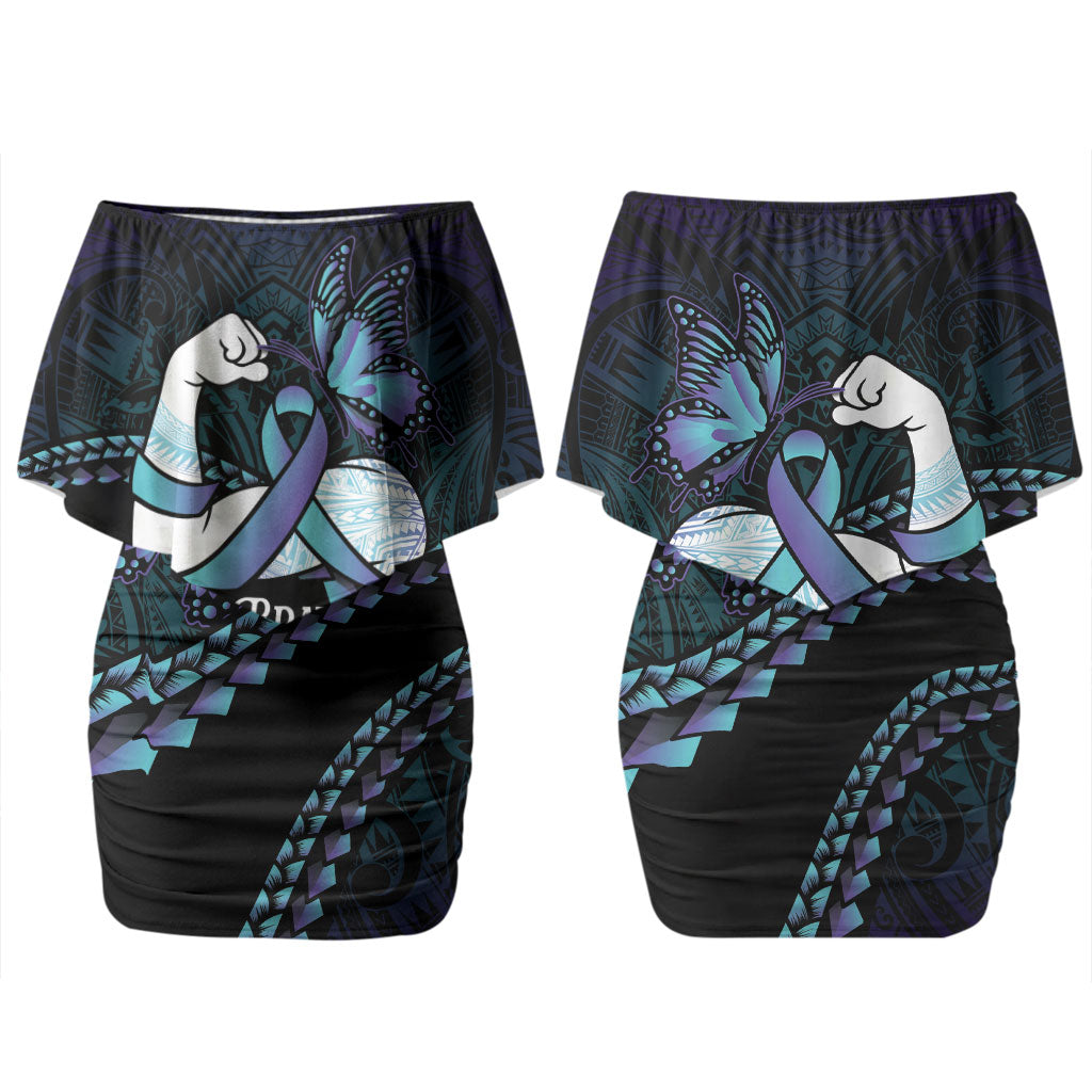 Personalised Polynesia Suicide Prevention Month Family Matching Off Shoulder Short Dress and Hawaiian Shirt Brave Strong Butterfly Teal Purple Ribbon LT14 Mom's Dress Purple - Polynesian Pride