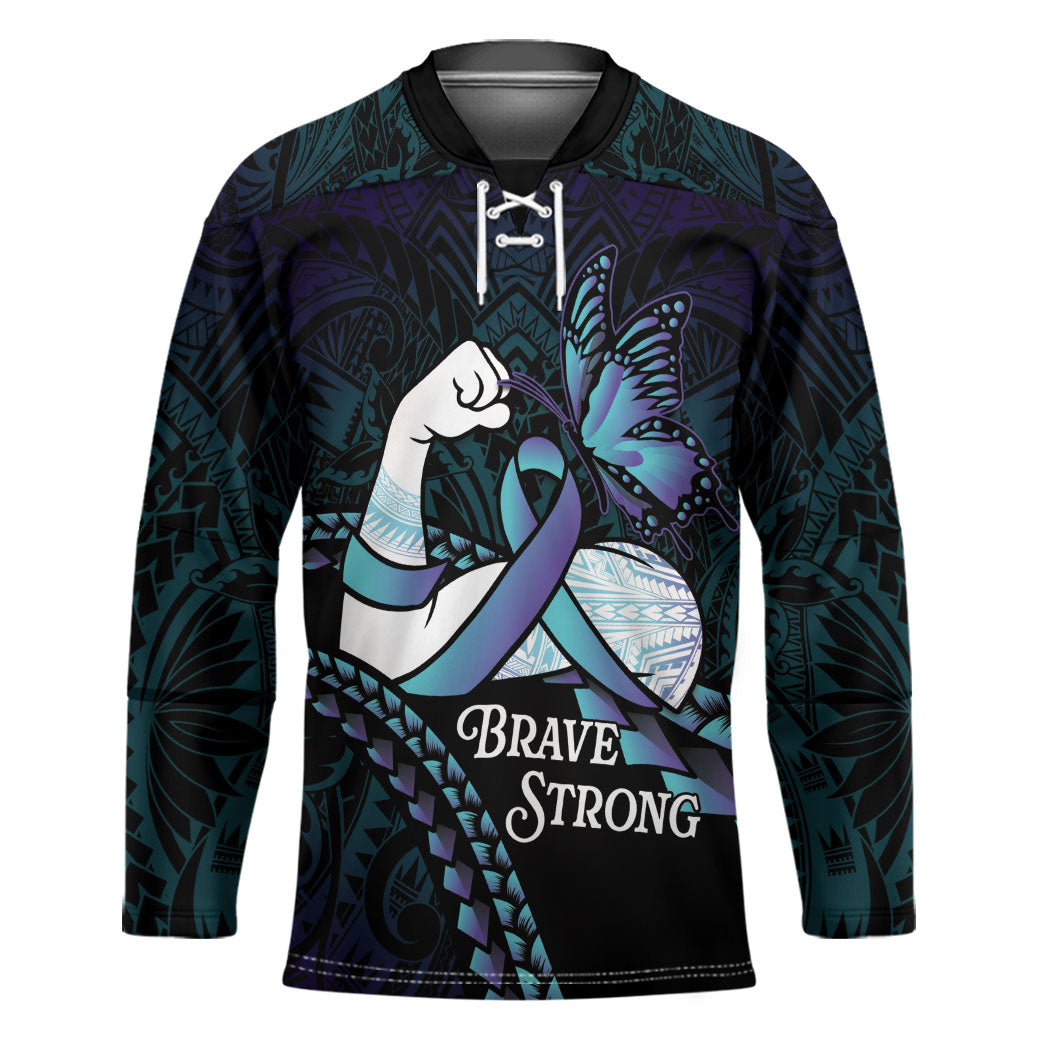 Personalised Polynesia Suicide Prevention Month Hockey Jersey Brave Strong Butterfly Teal Purple Ribbon LT14 Unisex Purple - Polynesian Pride