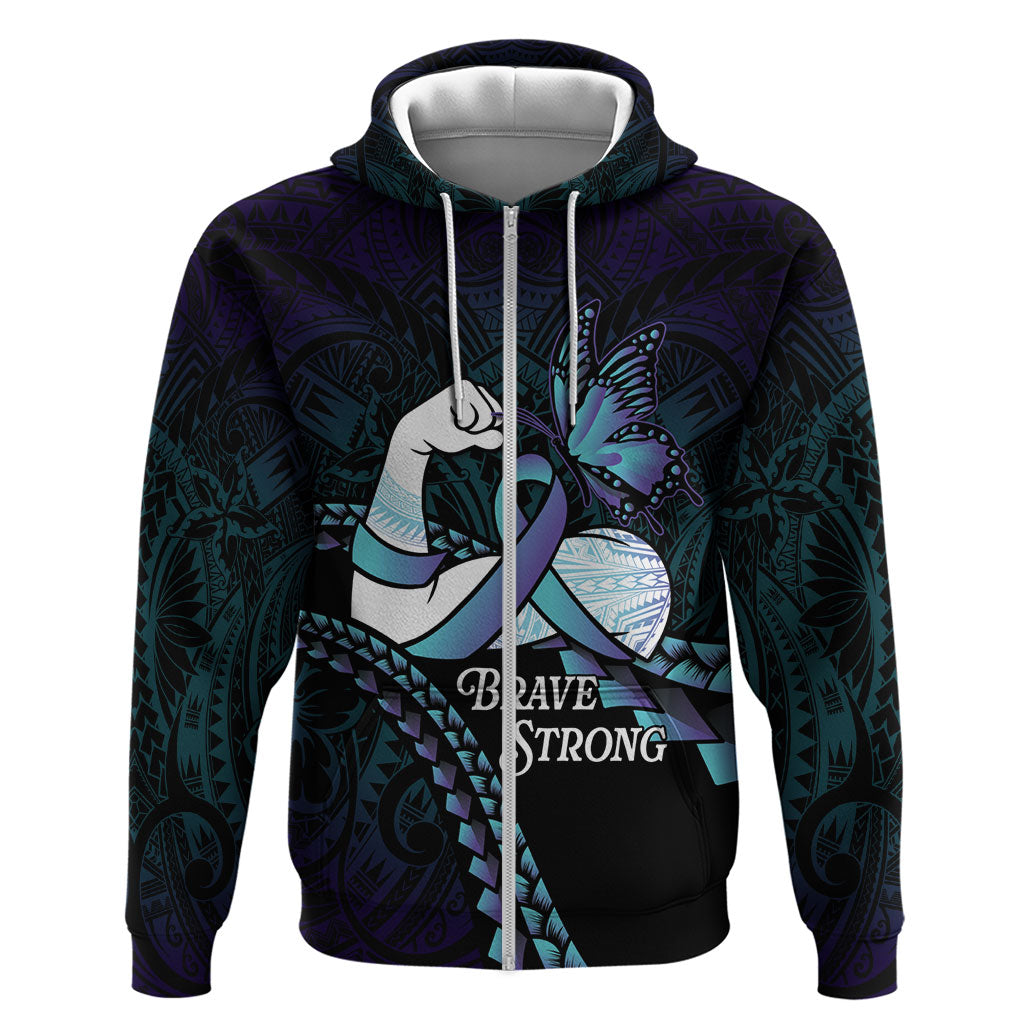 Personalised Polynesia Suicide Prevention Month Hoodie Brave Strong Butterfly Teal Purple Ribbon LT14 Zip Hoodie Purple - Polynesian Pride