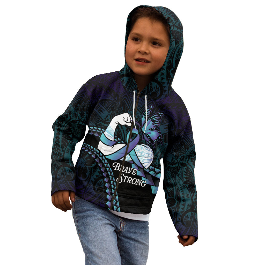 Personalised Polynesia Suicide Prevention Month Kid Hoodie Brave Strong Butterfly Teal Purple Ribbon LT14 - Polynesian Pride