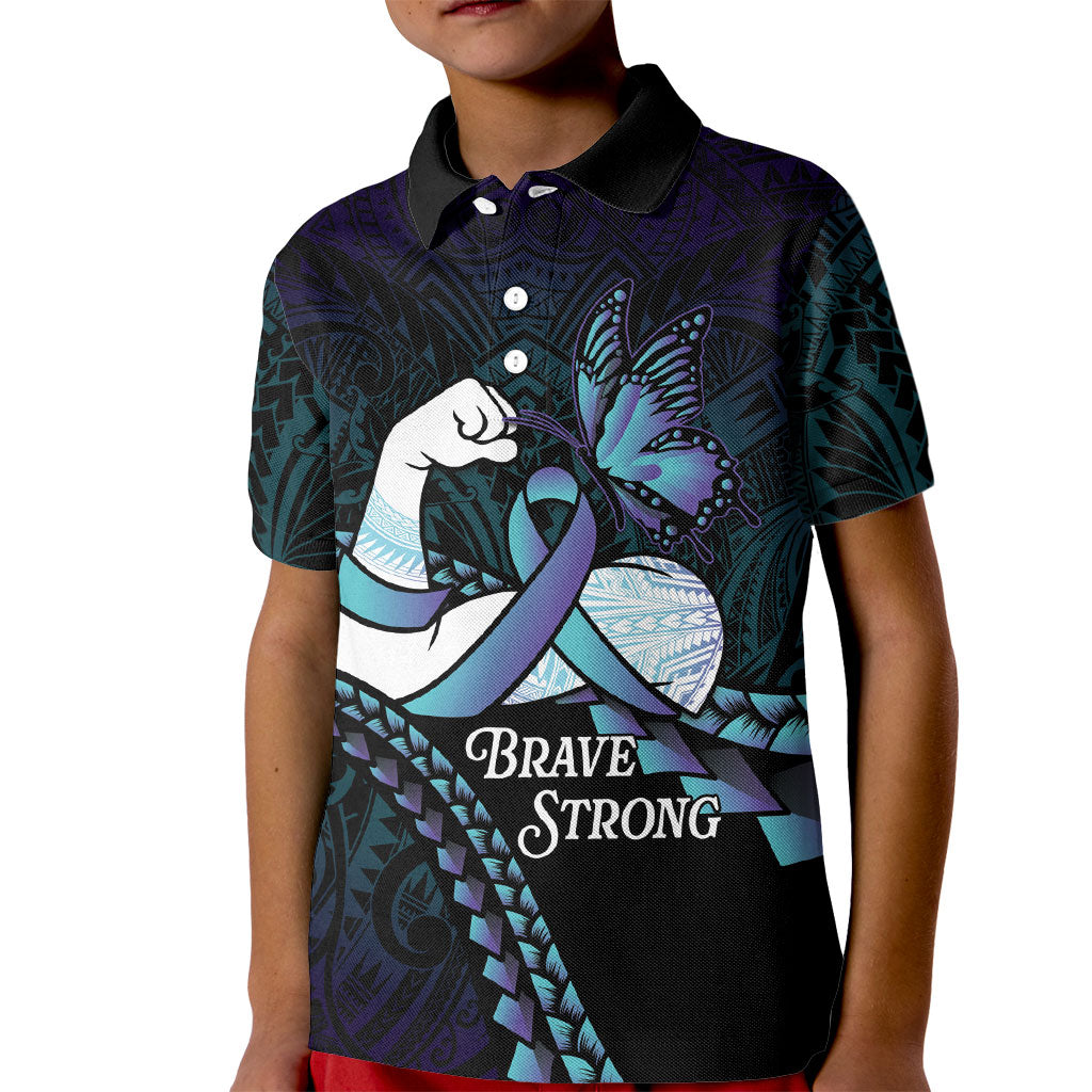 Personalised Polynesia Suicide Prevention Month Kid Polo Shirt Brave Strong Butterfly Teal Purple Ribbon LT14 Kid Purple - Polynesian Pride