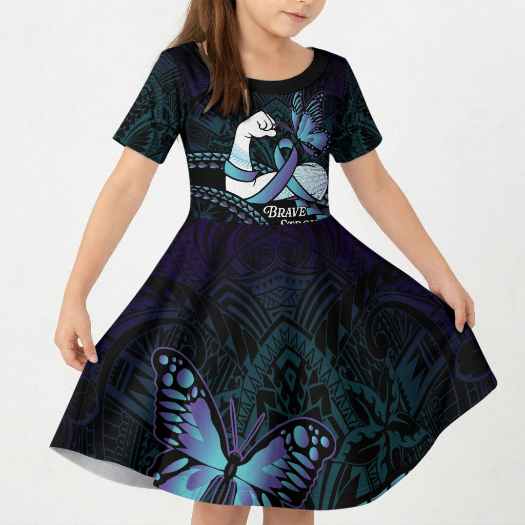 Personalised Polynesia Suicide Prevention Month Kid Short Sleeve Dress Brave Strong Butterfly Teal Purple Ribbon LT14 KID Purple - Polynesian Pride
