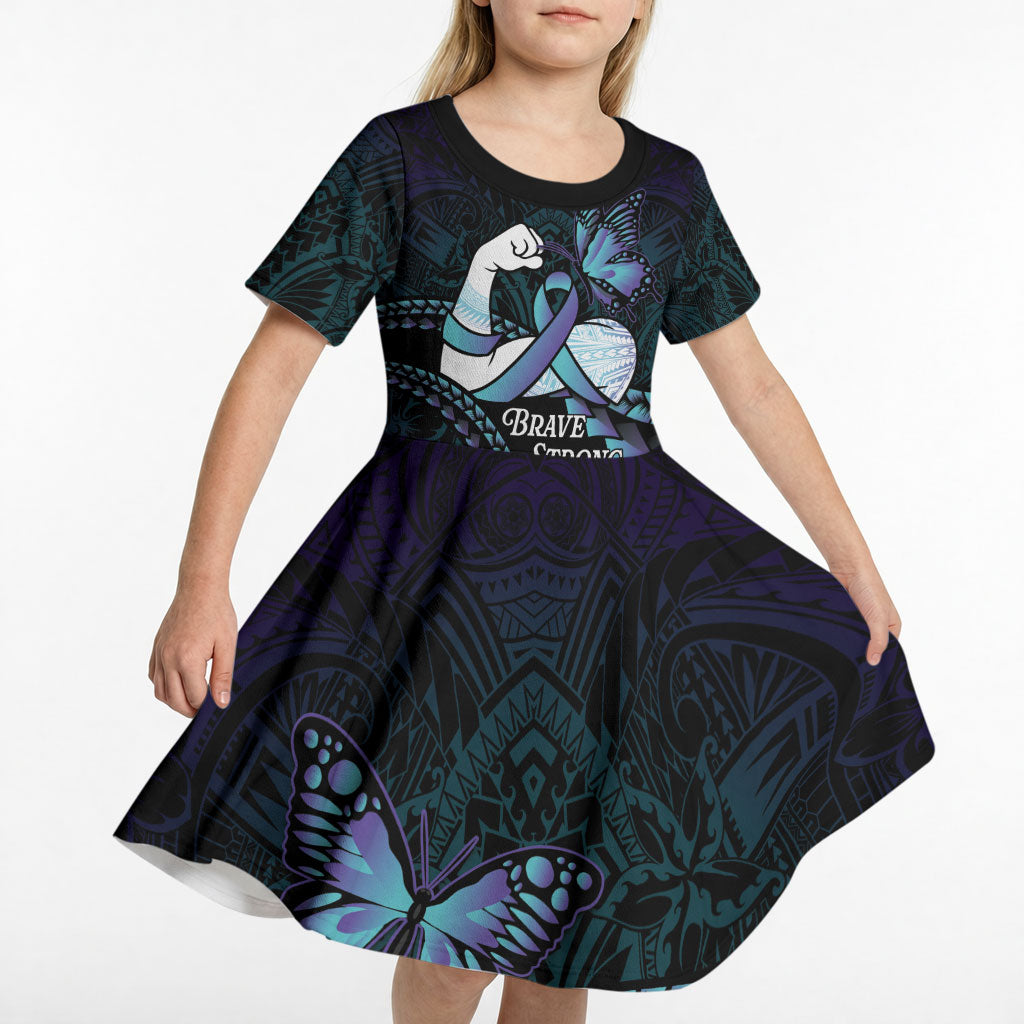 Personalised Polynesia Suicide Prevention Month Kid Short Sleeve Dress Brave Strong Butterfly Teal Purple Ribbon LT14 - Polynesian Pride