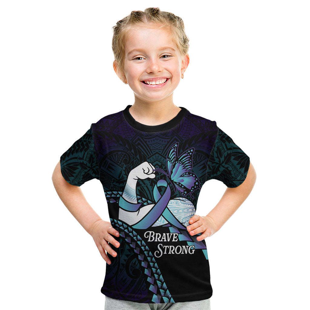 Personalised Polynesia Suicide Prevention Month Kid T Shirt Brave Strong Butterfly Teal Purple Ribbon LT14 Purple - Polynesian Pride