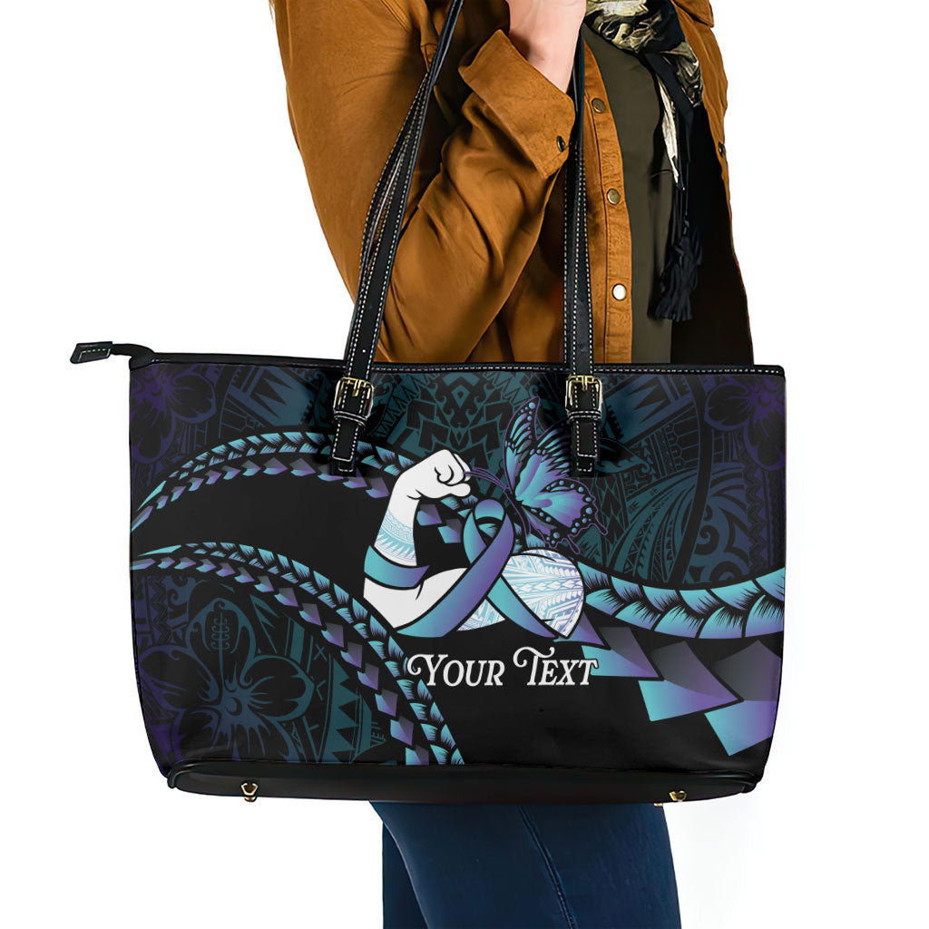 Personalised Polynesia Suicide Prevention Month Leather Tote Bag Brave Strong Butterfly Teal Purple Ribbon