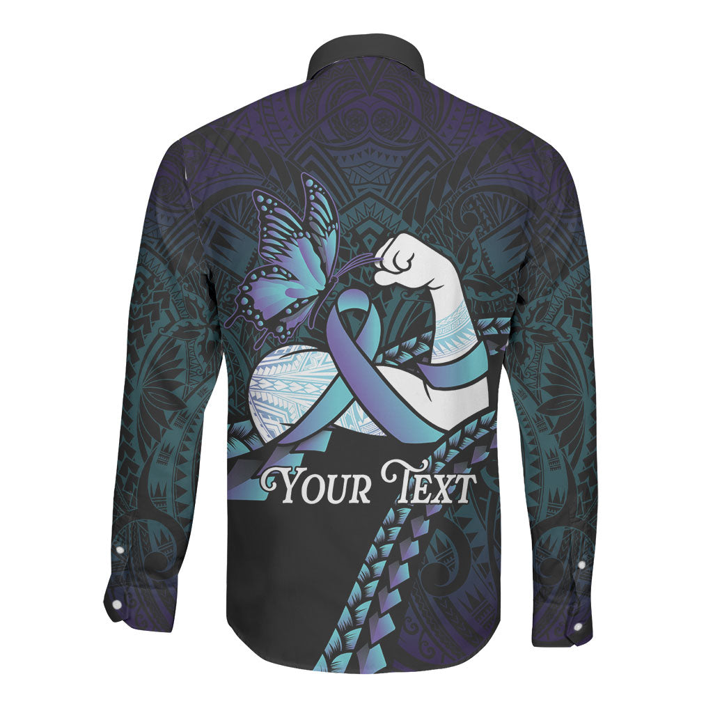 Personalised Polynesia Suicide Prevention Month Long Sleeve Button Shirt Brave Strong Butterfly Teal Purple Ribbon LT14 - Polynesian Pride