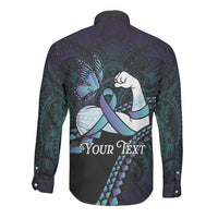 Personalised Polynesia Suicide Prevention Month Long Sleeve Button Shirt Brave Strong Butterfly Teal Purple Ribbon LT14 - Polynesian Pride