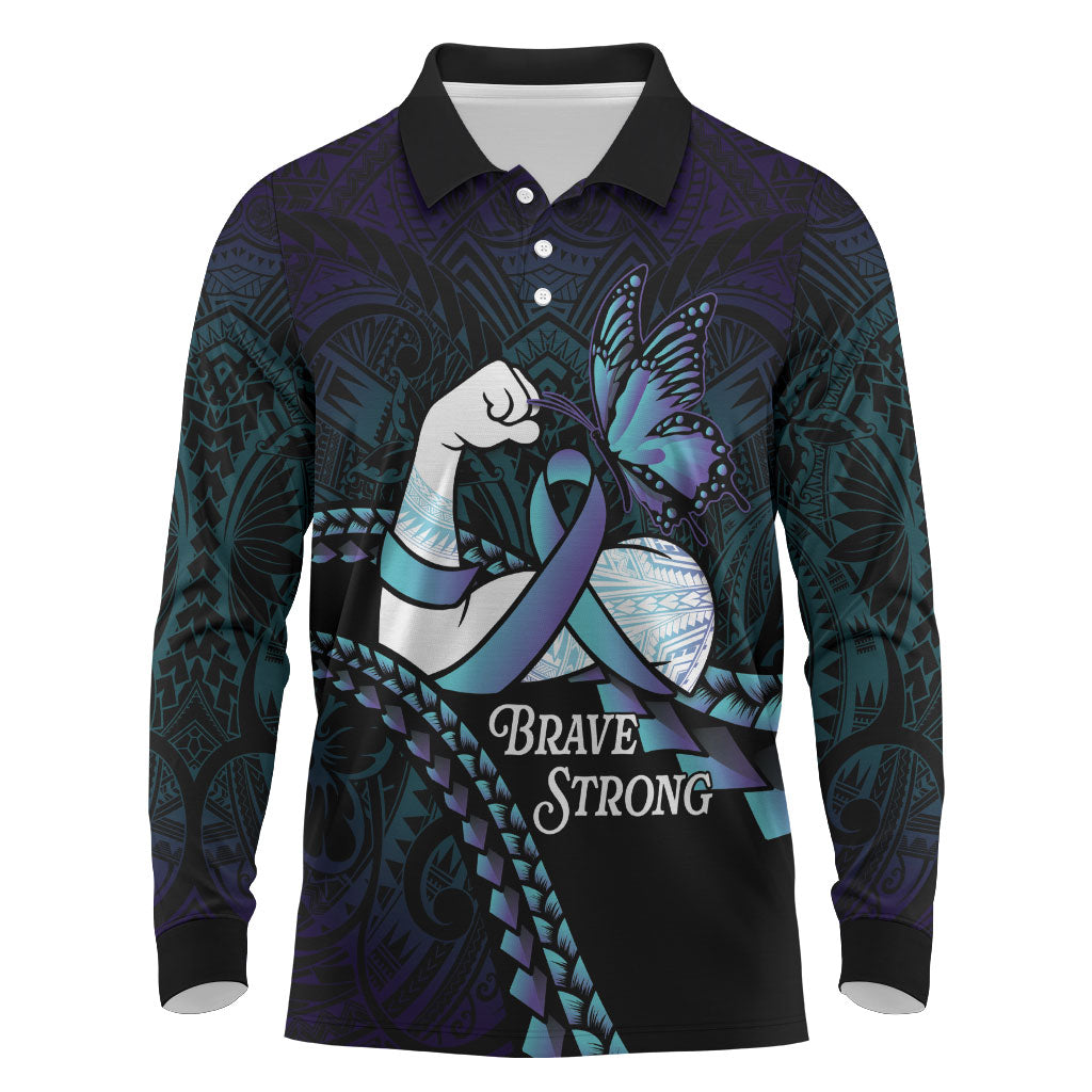 Personalised Polynesia Suicide Prevention Month Long Sleeve Polo Shirt Brave Strong Butterfly Teal Purple Ribbon LT14 Purple - Polynesian Pride