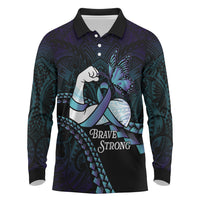 Personalised Polynesia Suicide Prevention Month Long Sleeve Polo Shirt Brave Strong Butterfly Teal Purple Ribbon LT14 Purple - Polynesian Pride