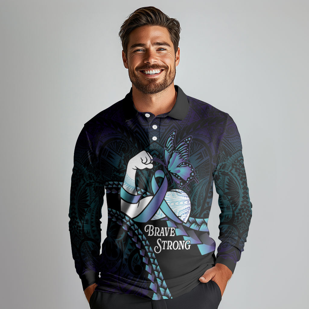 Personalised Polynesia Suicide Prevention Month Long Sleeve Polo Shirt Brave Strong Butterfly Teal Purple Ribbon LT14 - Polynesian Pride